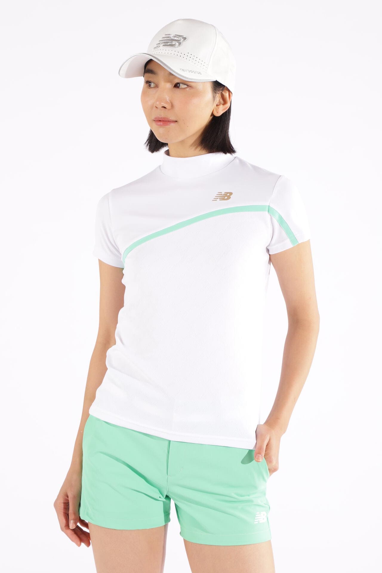 Nオプティカルチェック柄 半袖 モックネック プルオーバー (WOMENS WORLD)