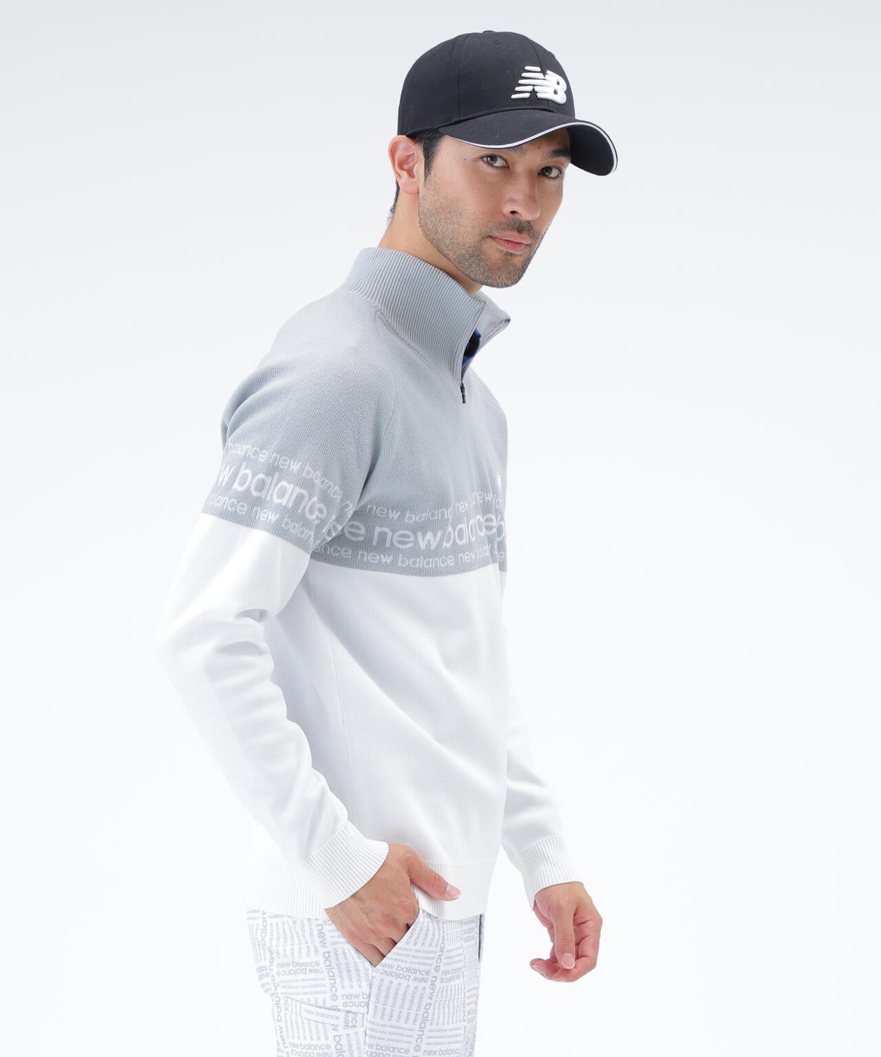 ロゴライン 軽量 ハーフジップ スタンド ニット プルオーバー (MENS)