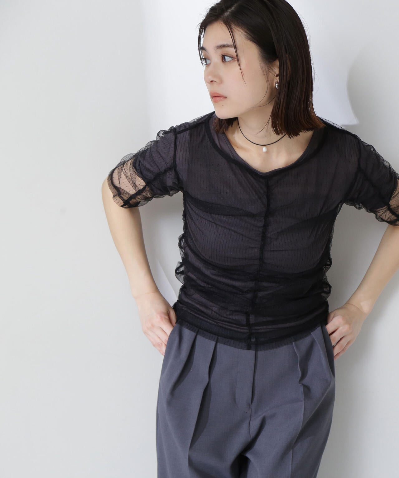 ギャザーチュールレイヤードTシャツ*