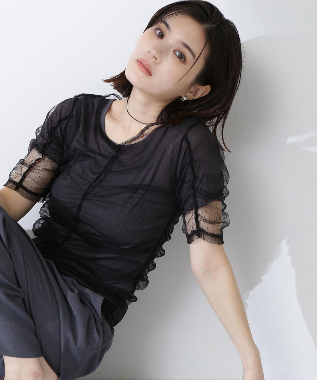 ギャザーチュールレイヤードTシャツ*