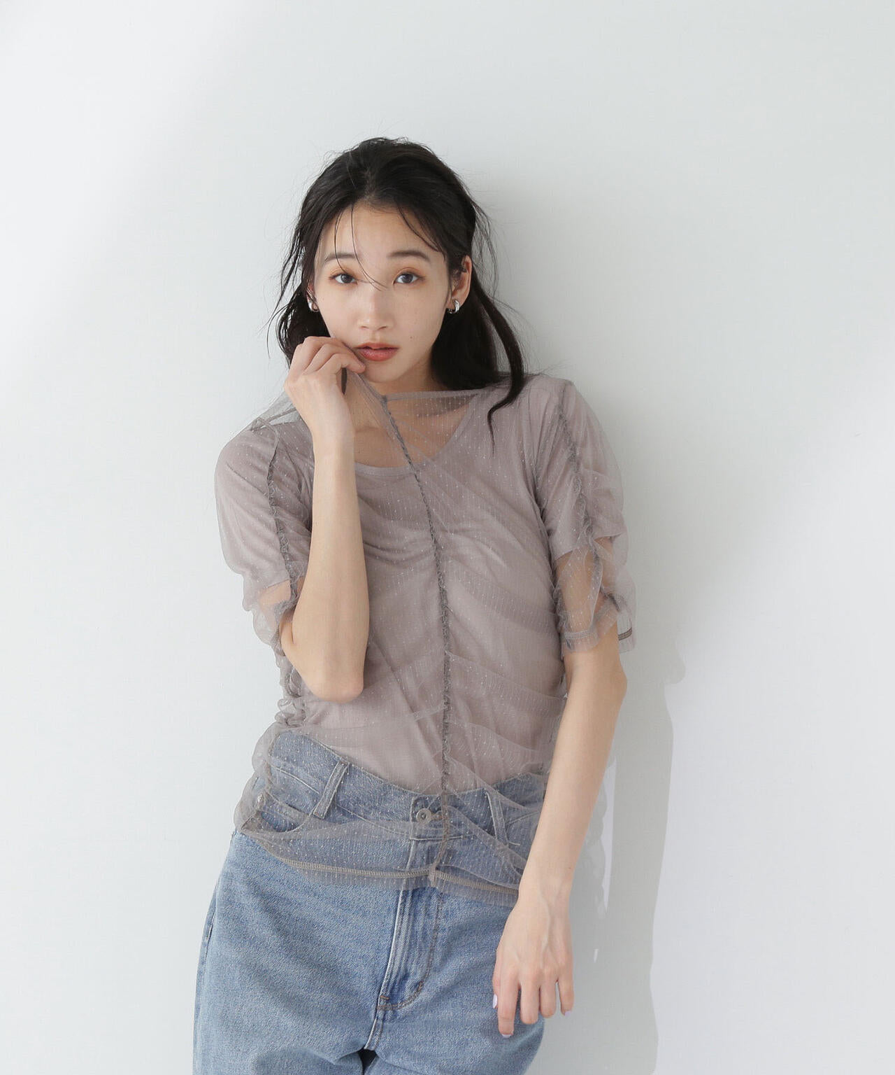 ギャザーチュールレイヤードTシャツ*