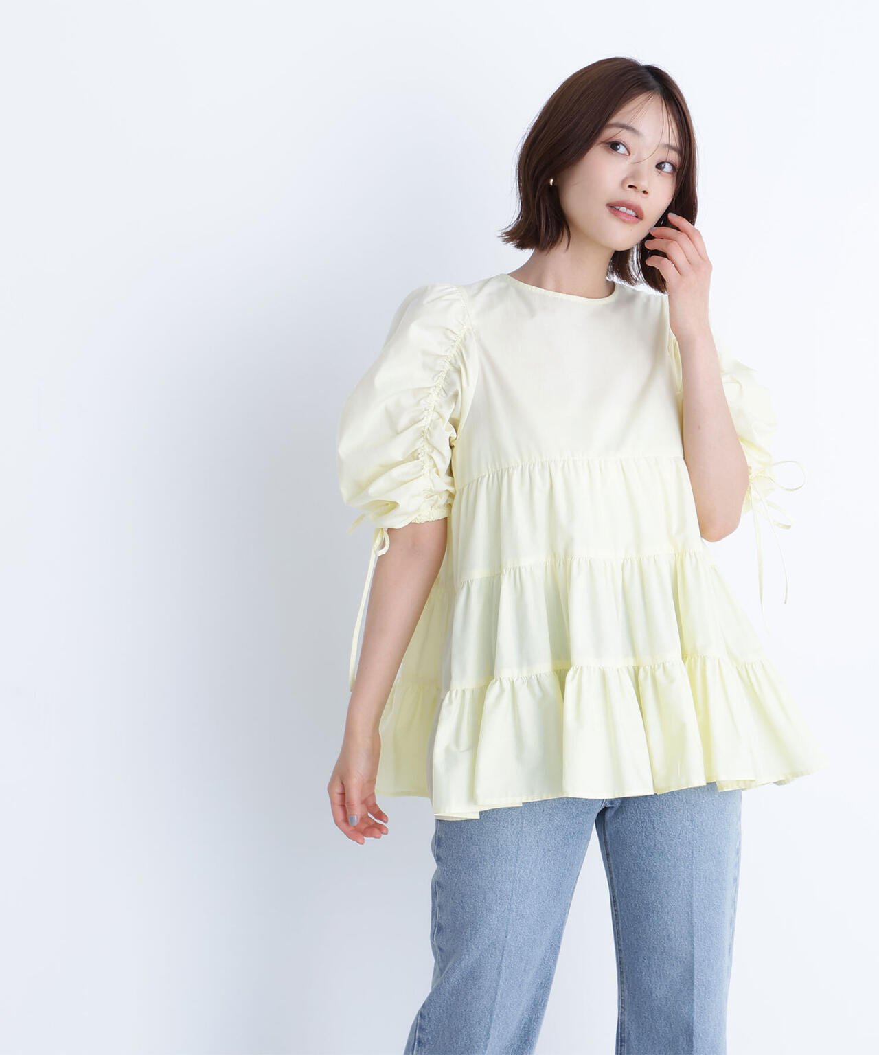 ギャザースリーブティアードチュニックブラウス