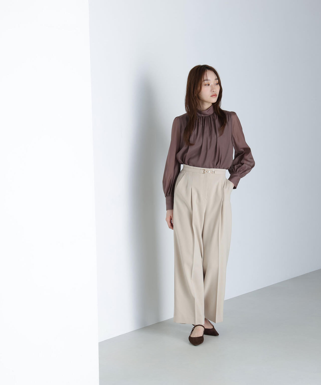 ハイネックボリュームシアーブラウス