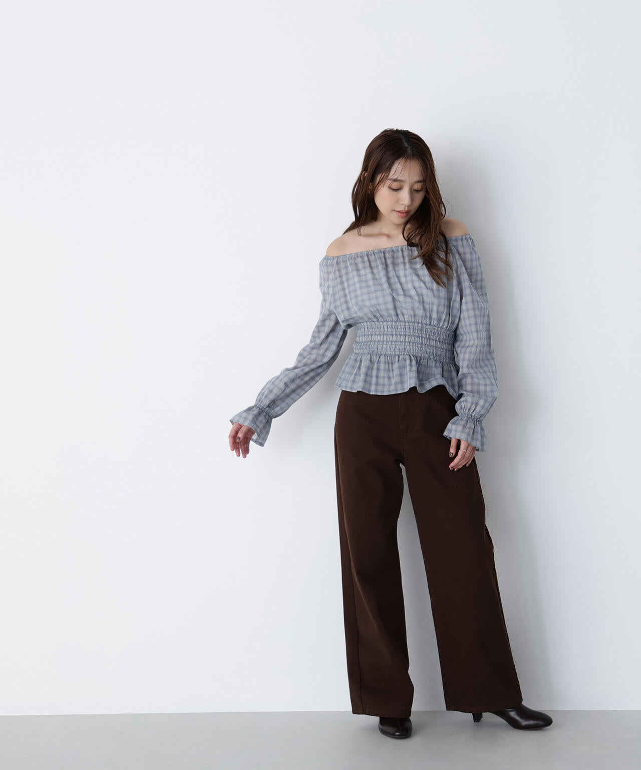 チェックペプラムブラウス