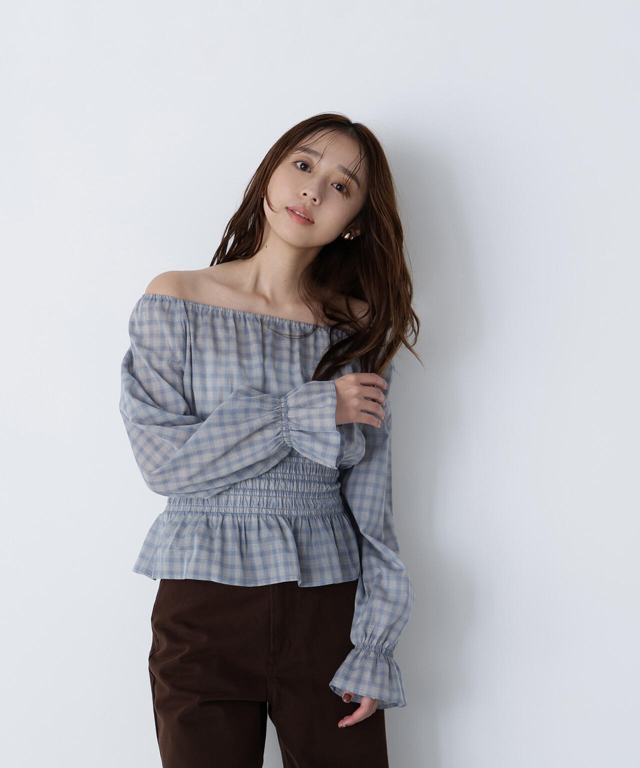 チェックペプラムブラウス