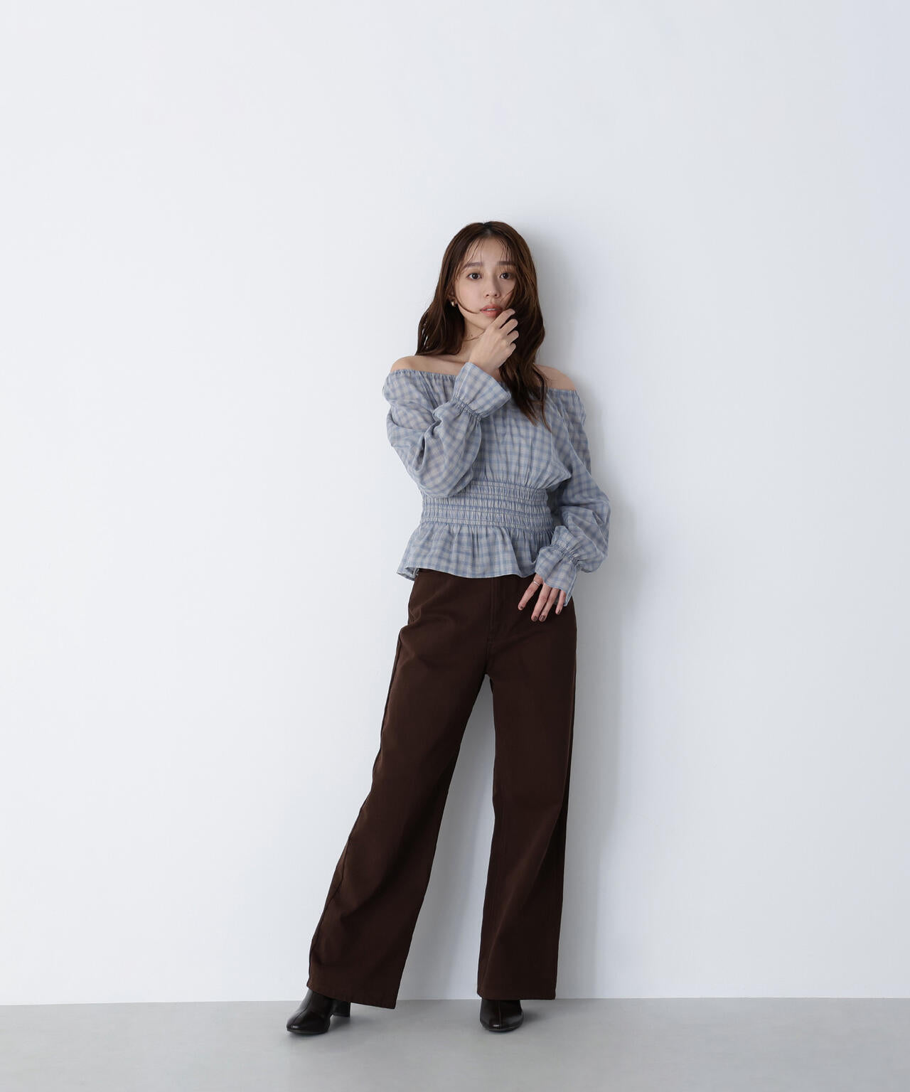 チェックペプラムブラウス