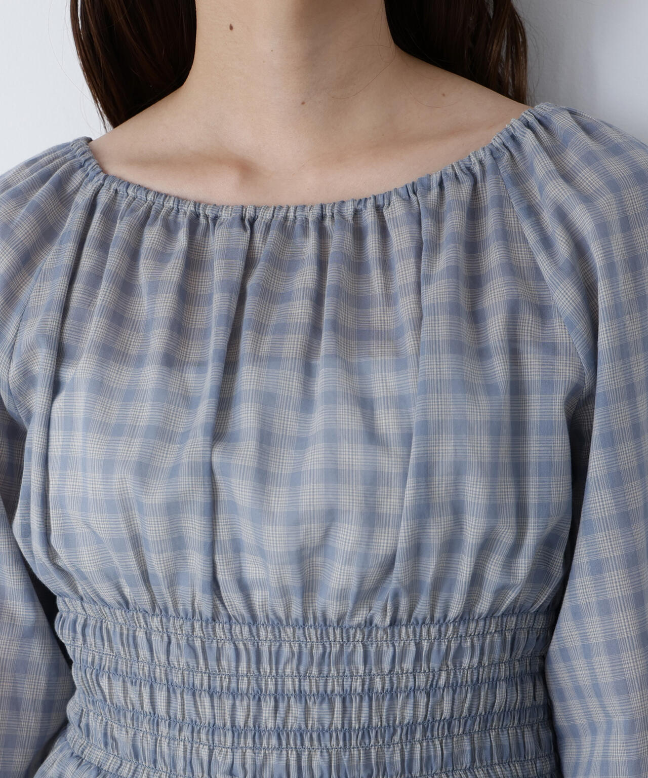 チェックペプラムブラウス