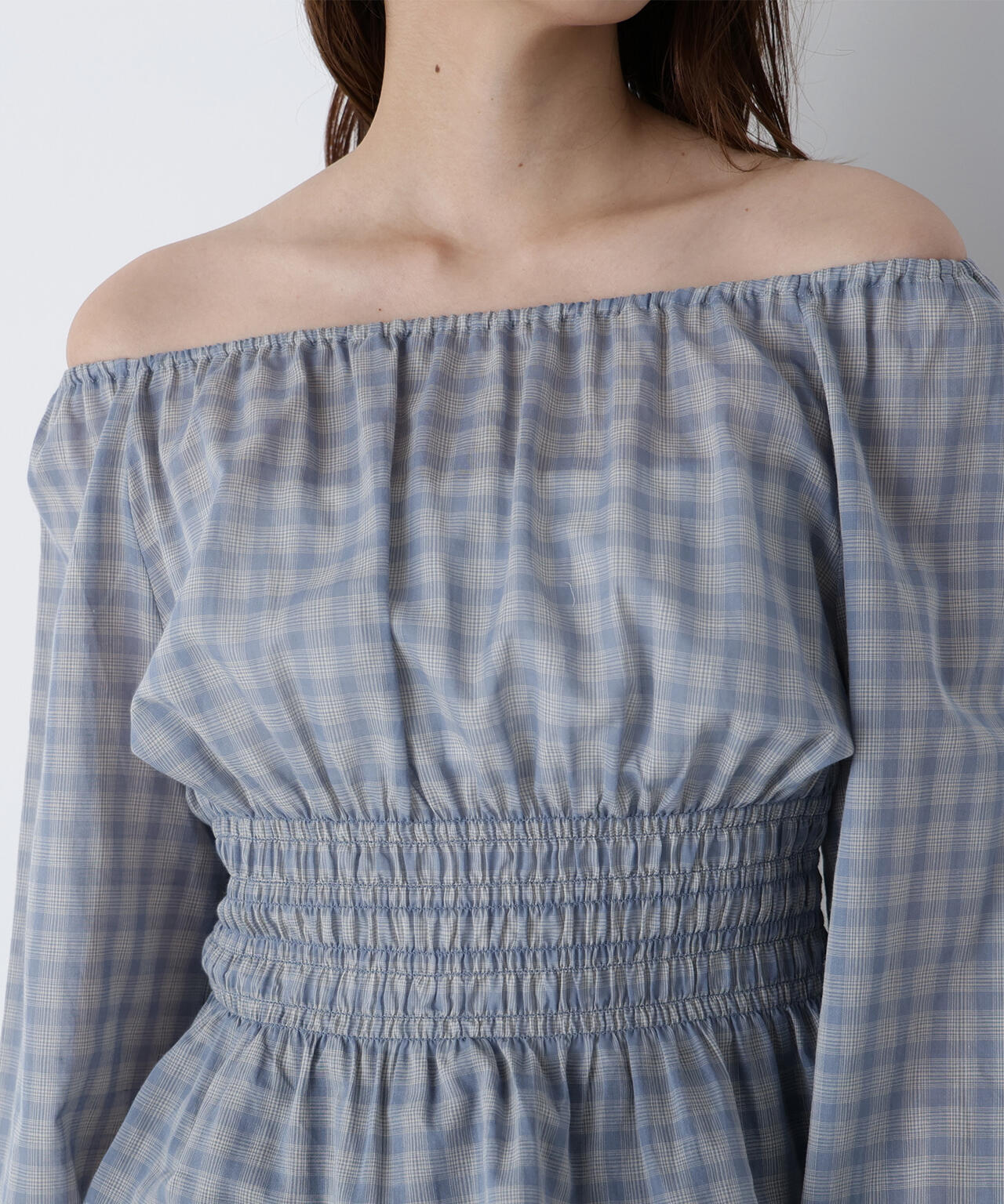 チェックペプラムブラウス