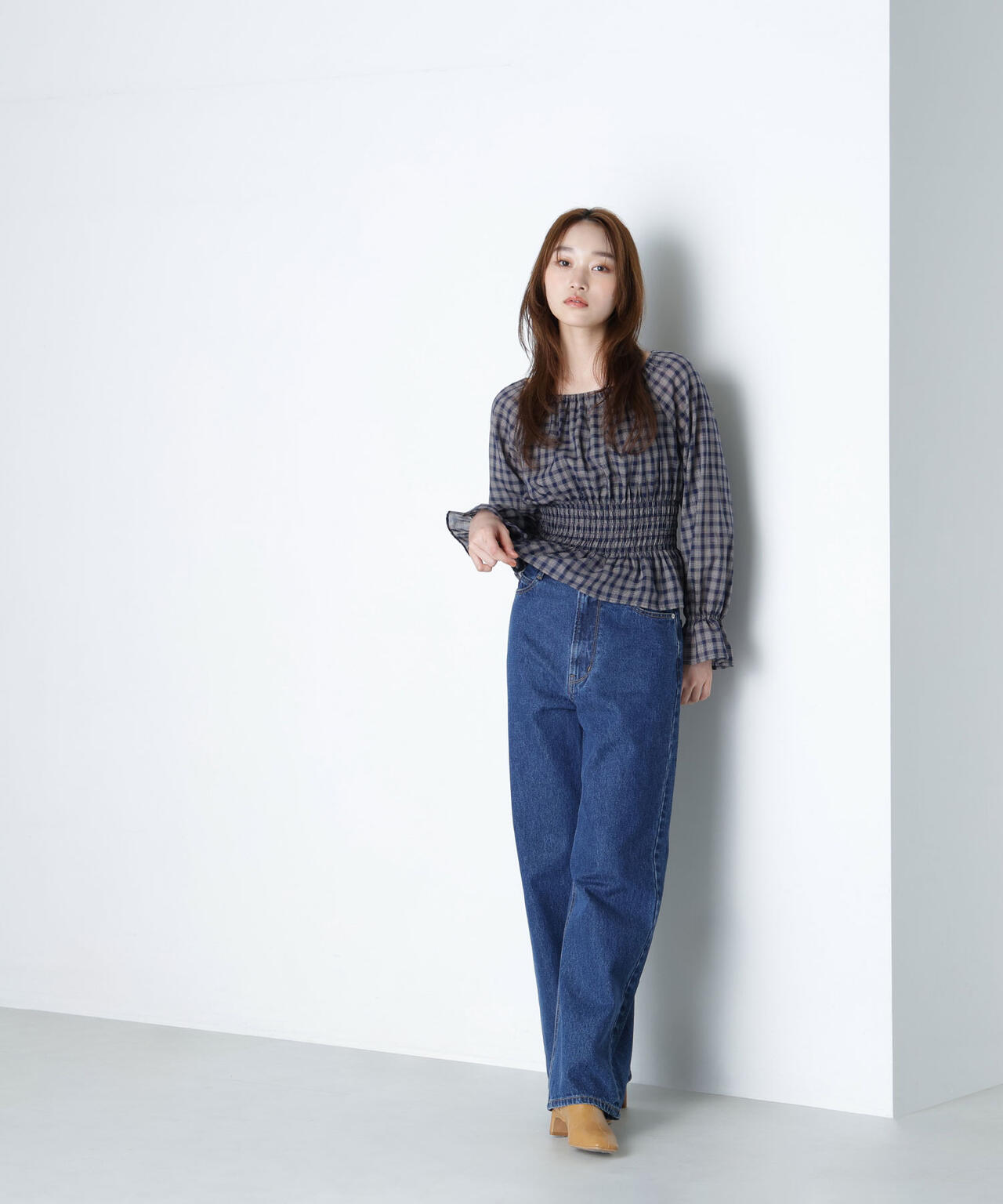 チェックペプラムブラウス