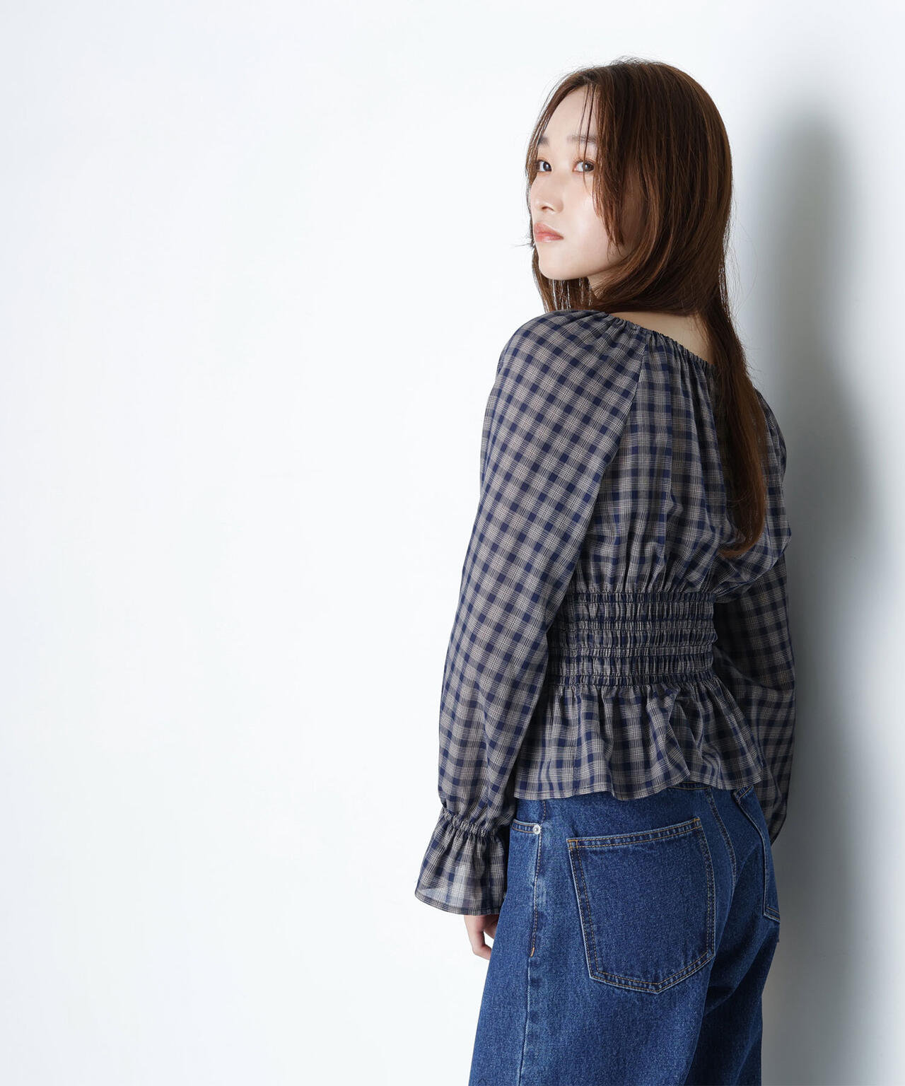 チェックペプラムブラウス