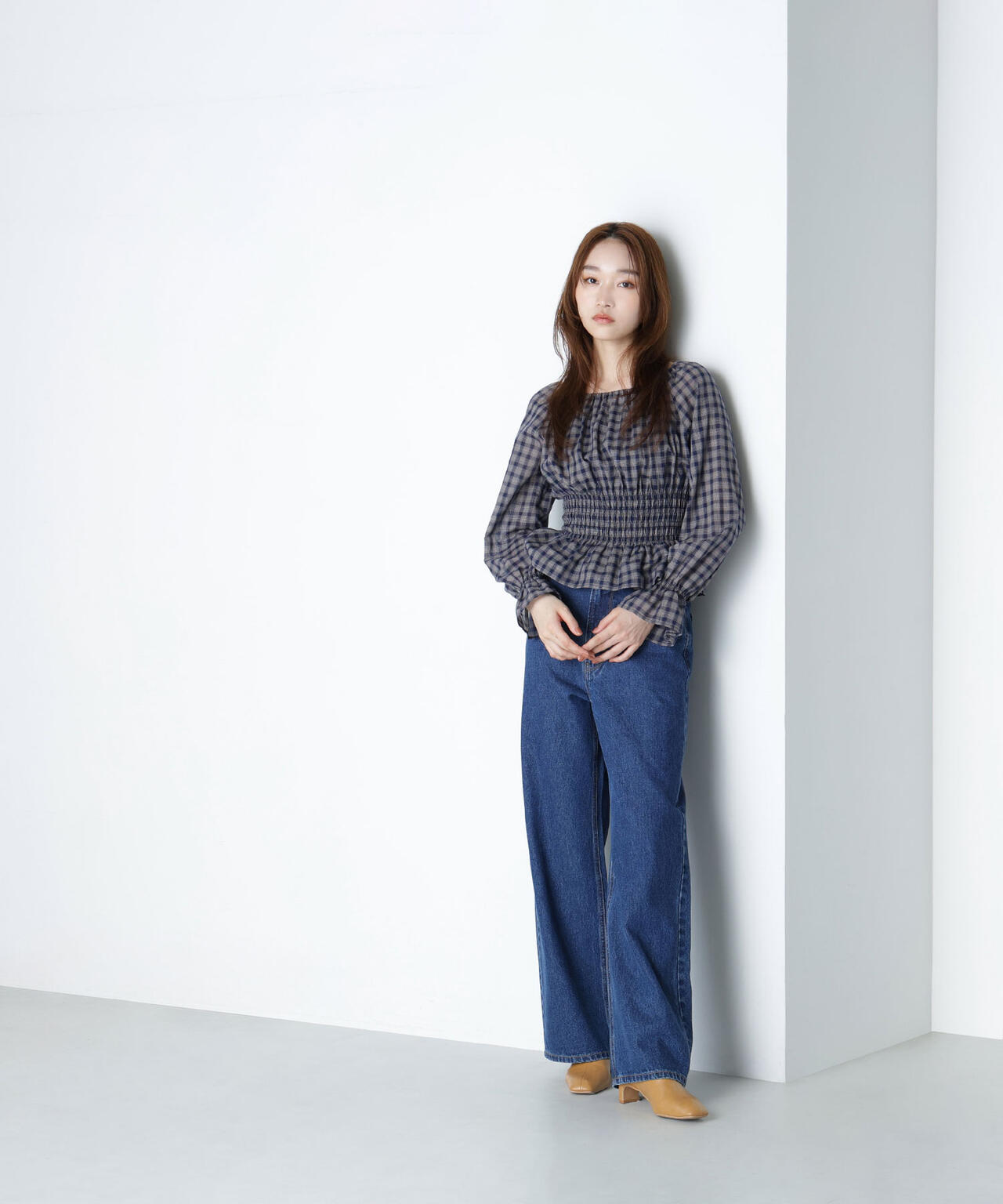 チェックペプラムブラウス