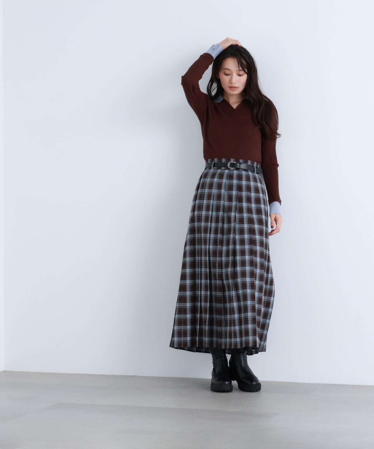 ベルテッドチェックプリーツスカート