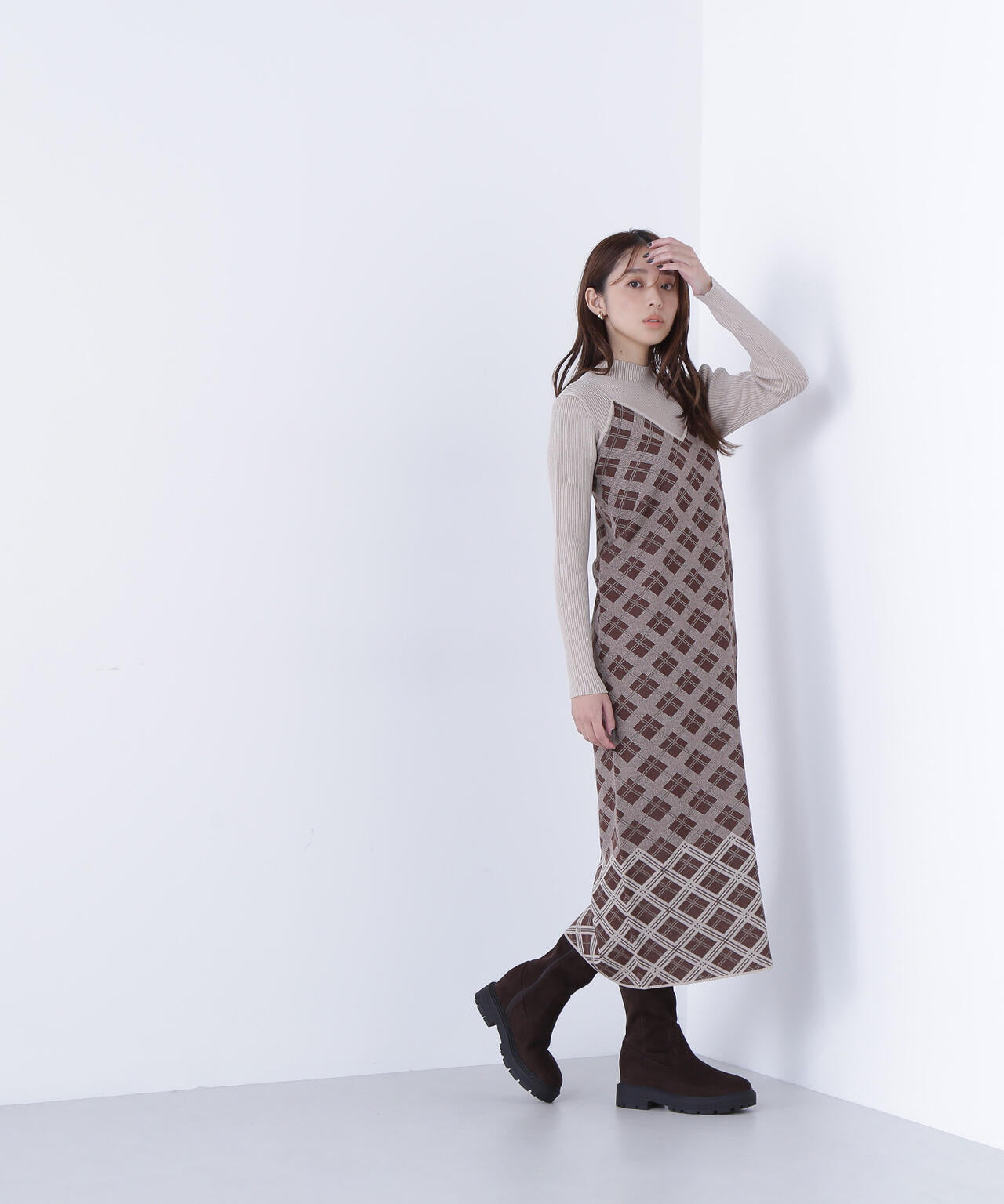 チェックニットキャミワンピースセット