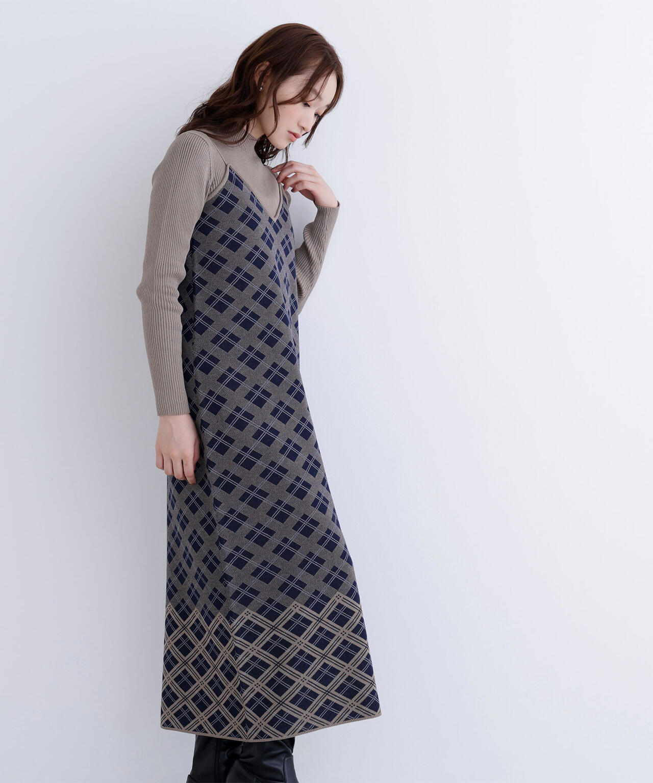 チェックニットキャミワンピースセット