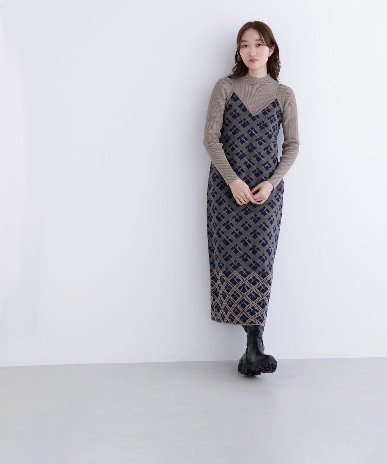 チェックニットキャミワンピースセット