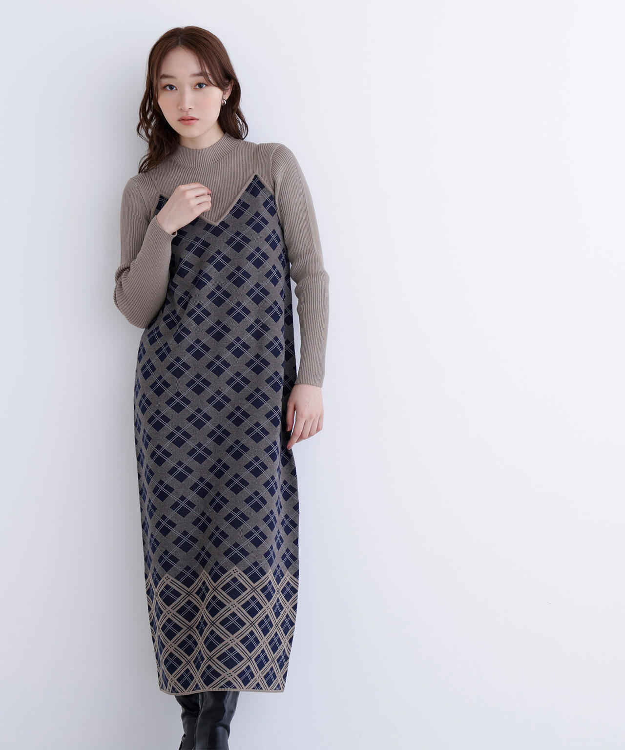 チェックニットキャミワンピースセット