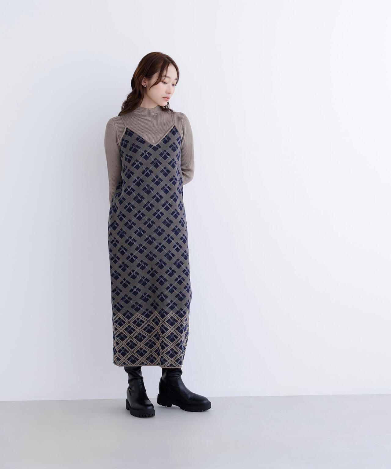 チェックニットキャミワンピースセット