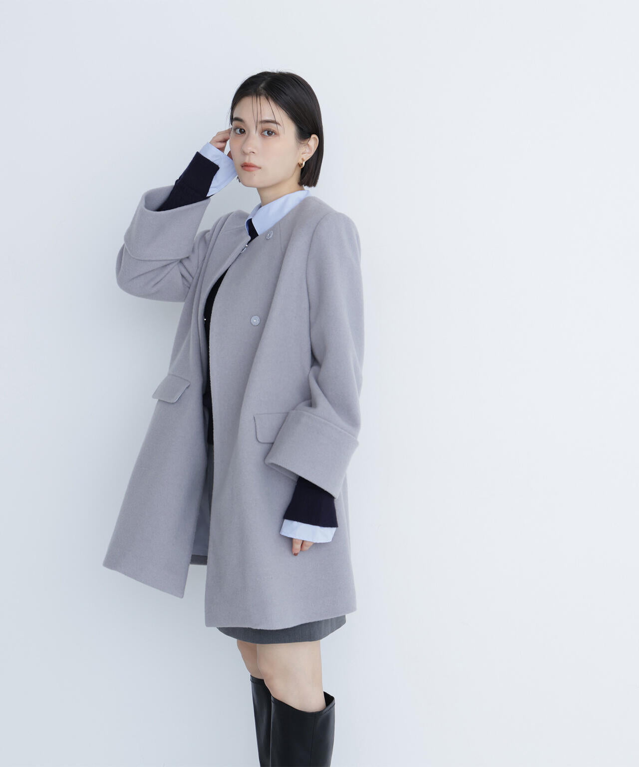 ノーカラーミドルコート