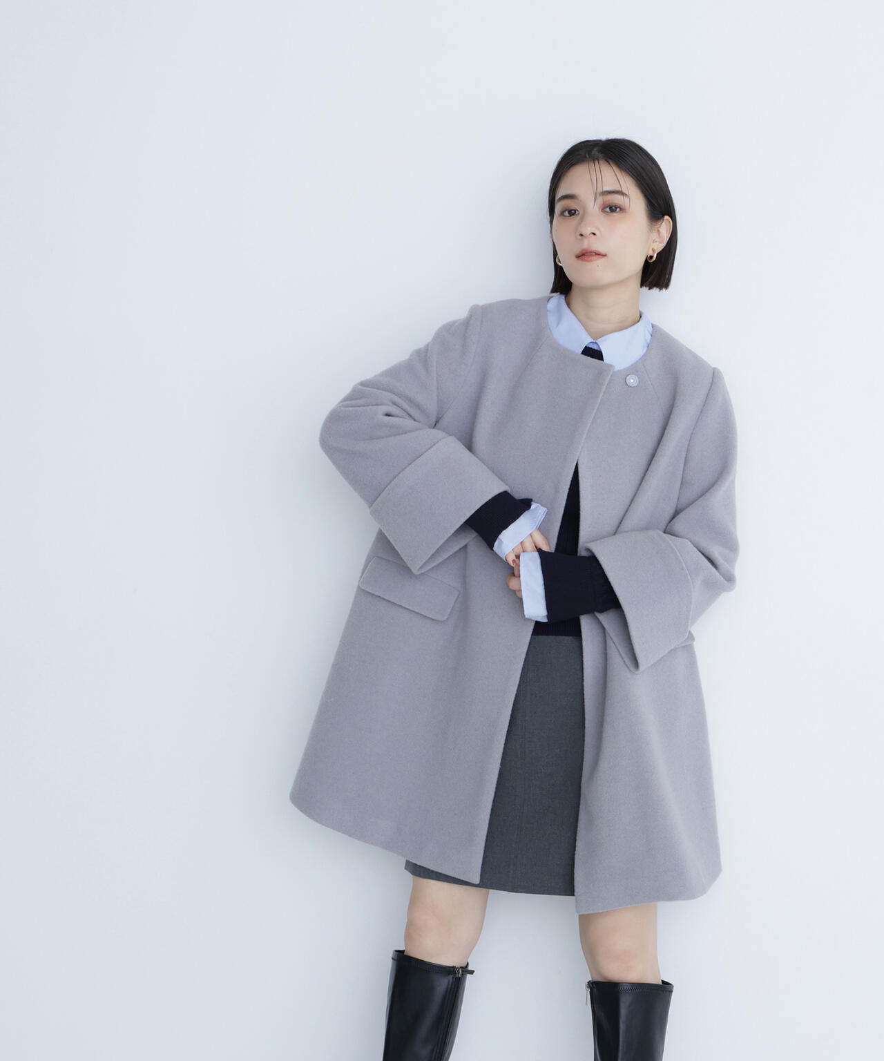 ノーカラーミドルコート