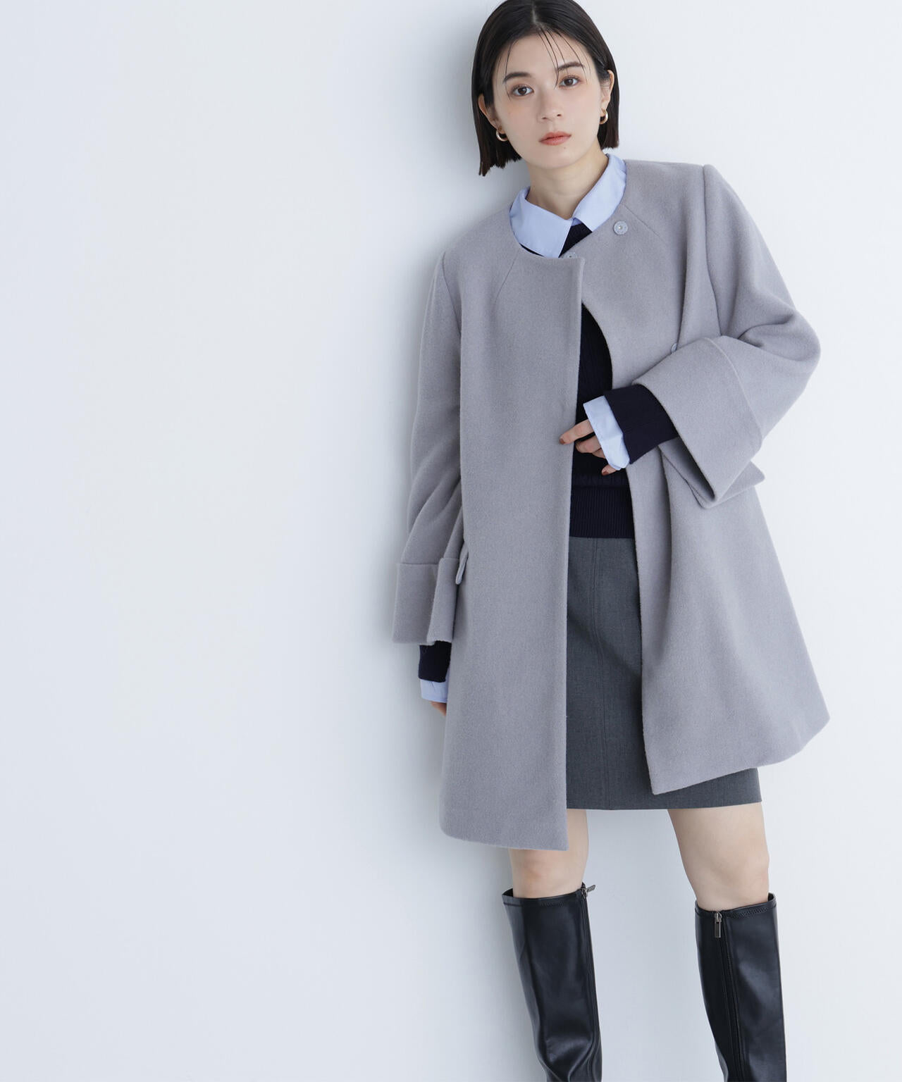 ノーカラーミドルコート