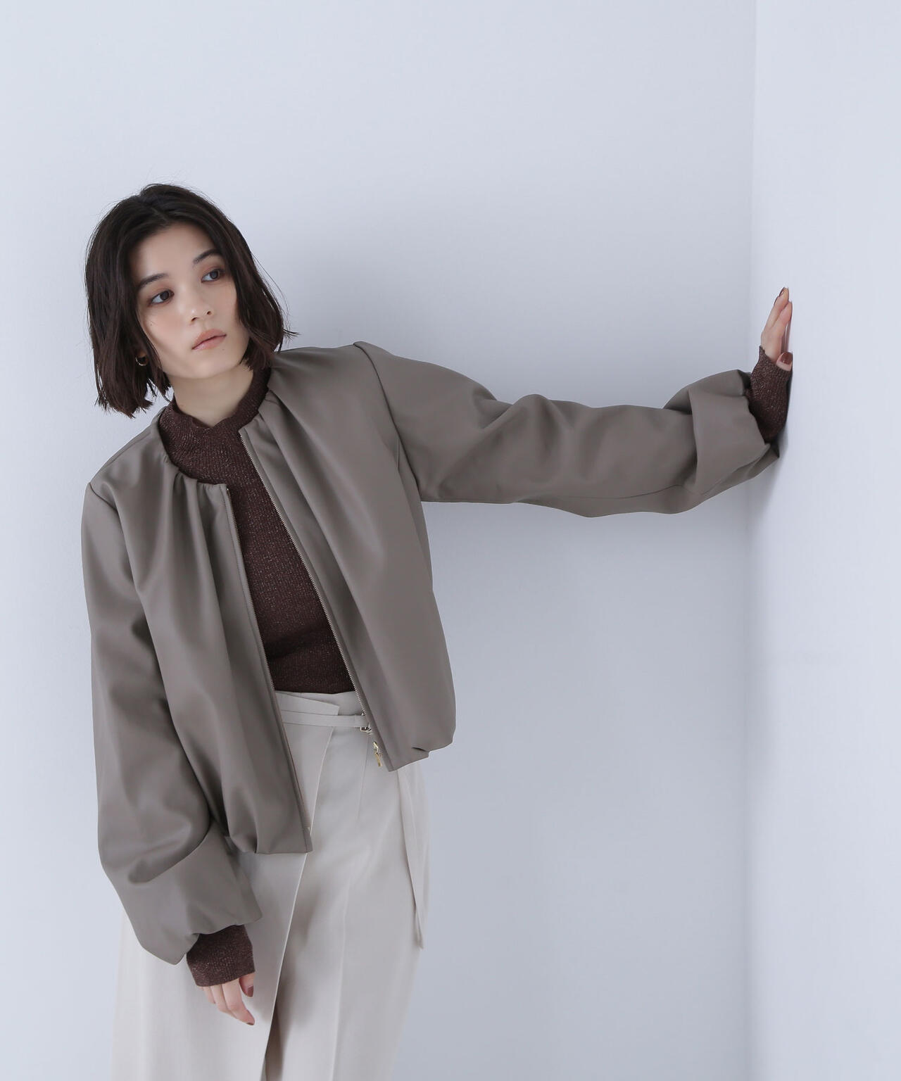 フェイクレザーギャザーブルゾン