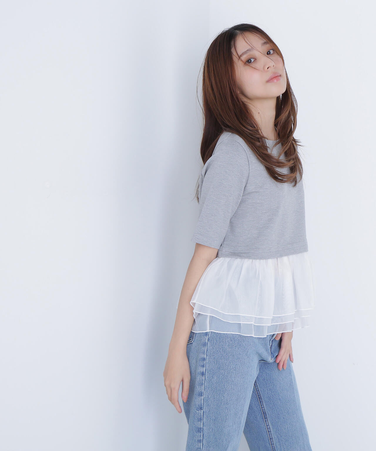 シフォンドッキングペプラムカットソー*