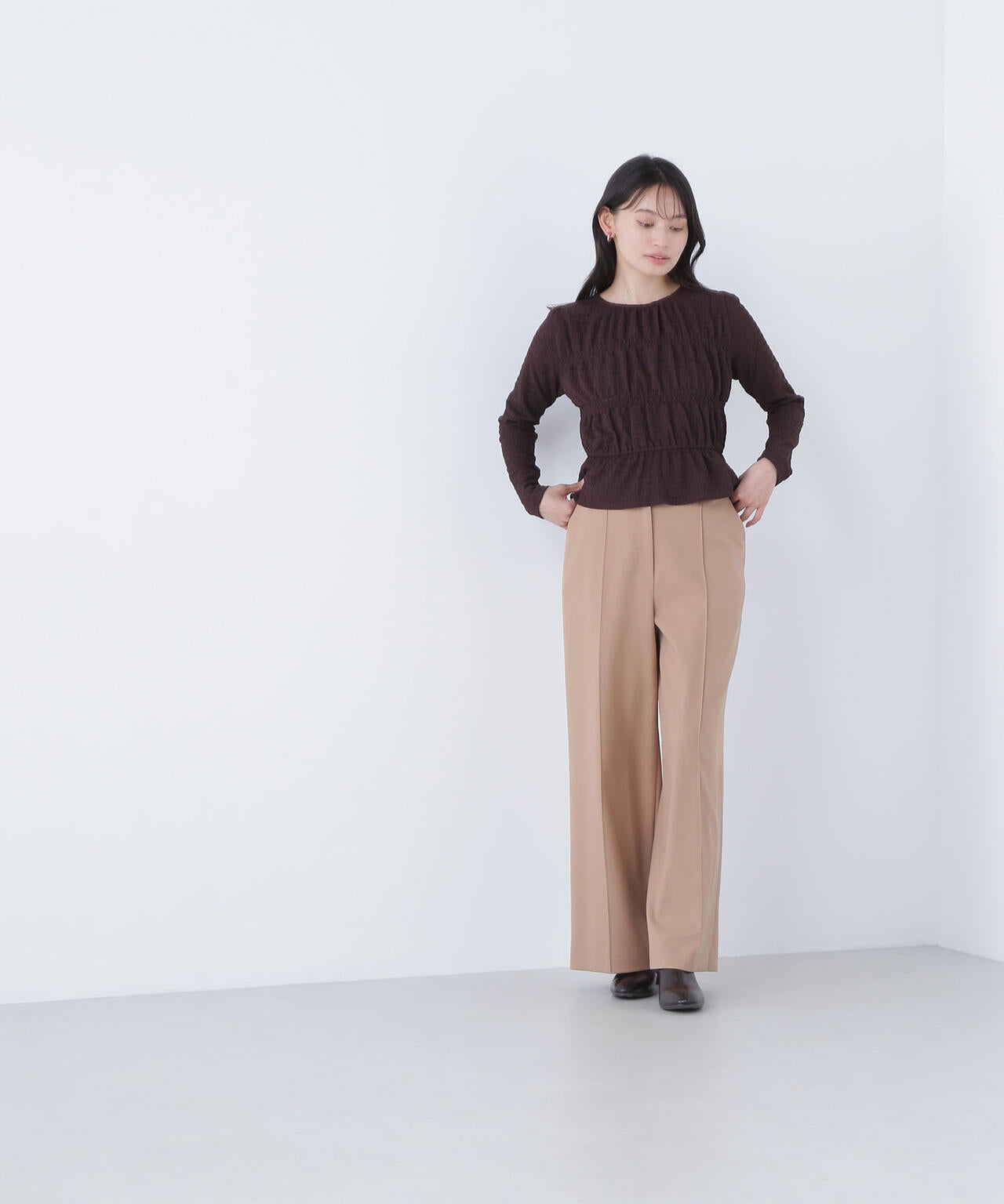 シャーリングペプラムカットソー長袖