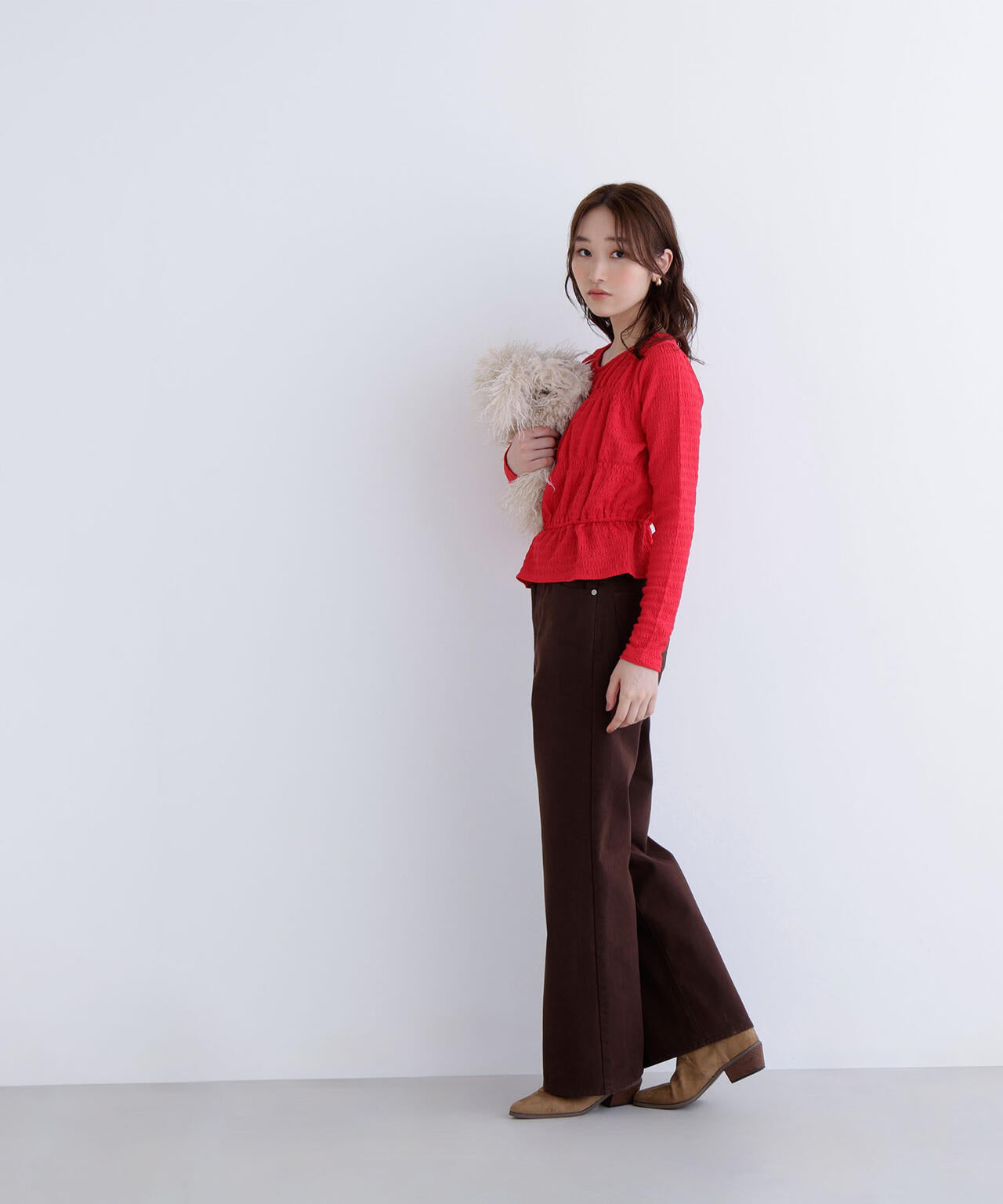 シャーリングペプラムカットソー長袖