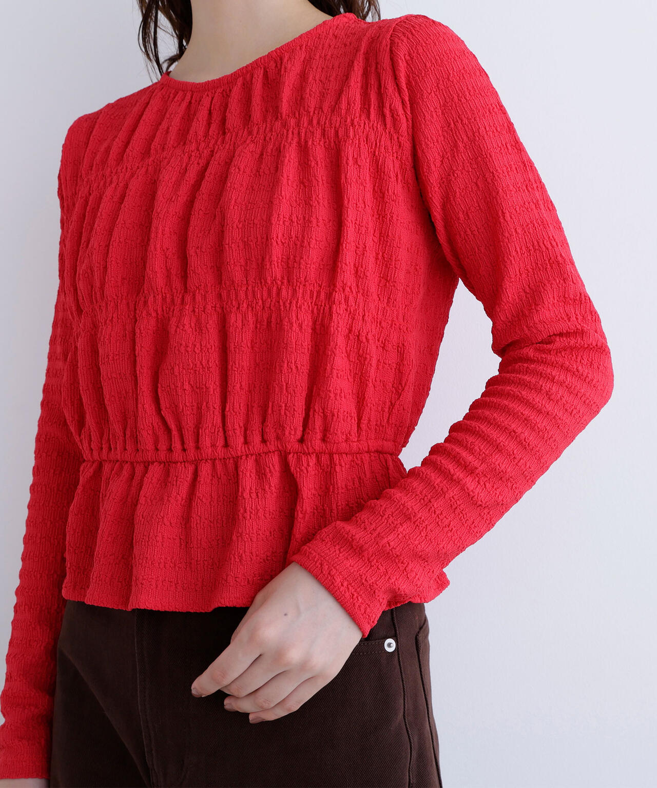 シャーリングペプラムカットソー長袖