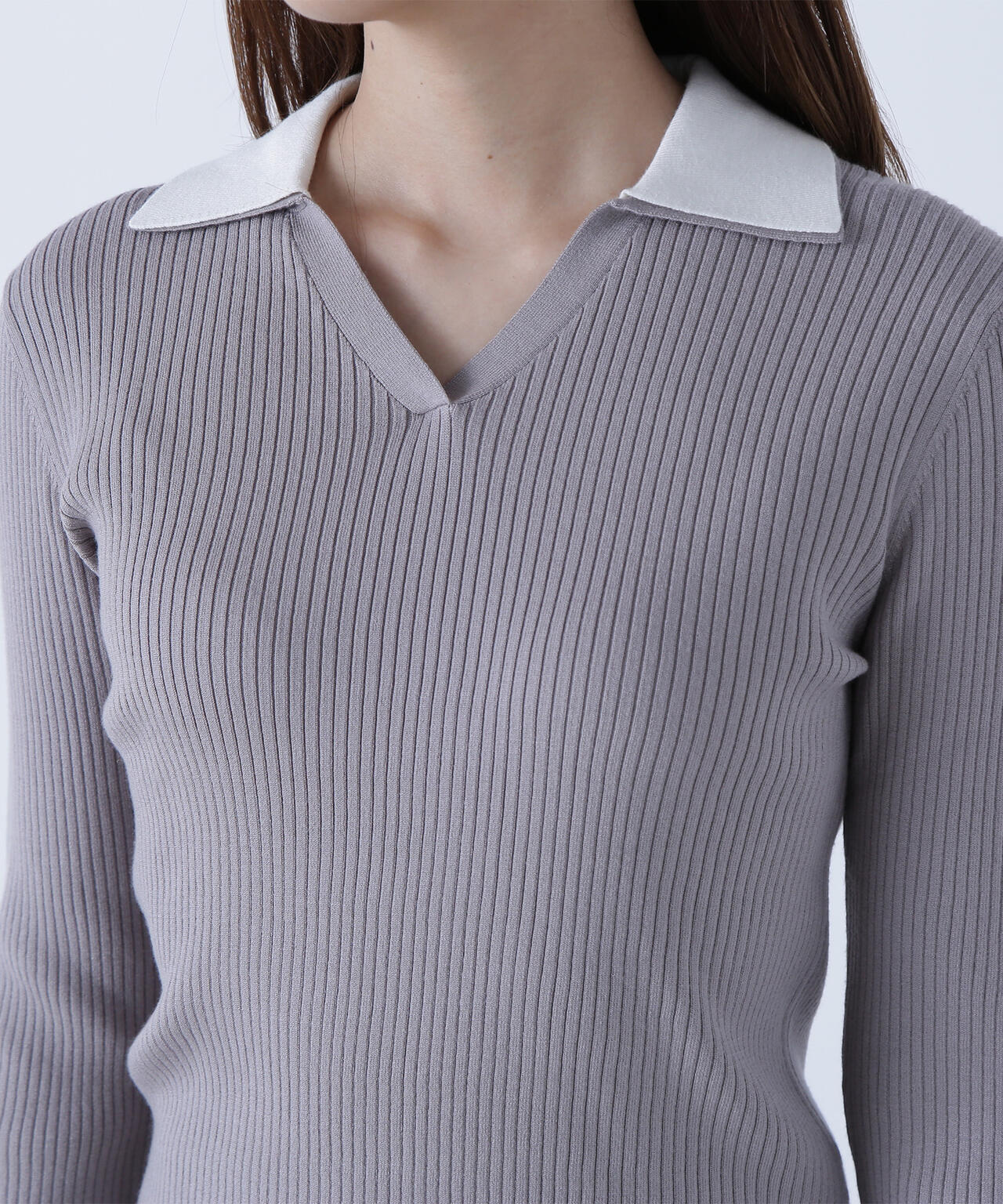 ダブルカラーVネックリブニット