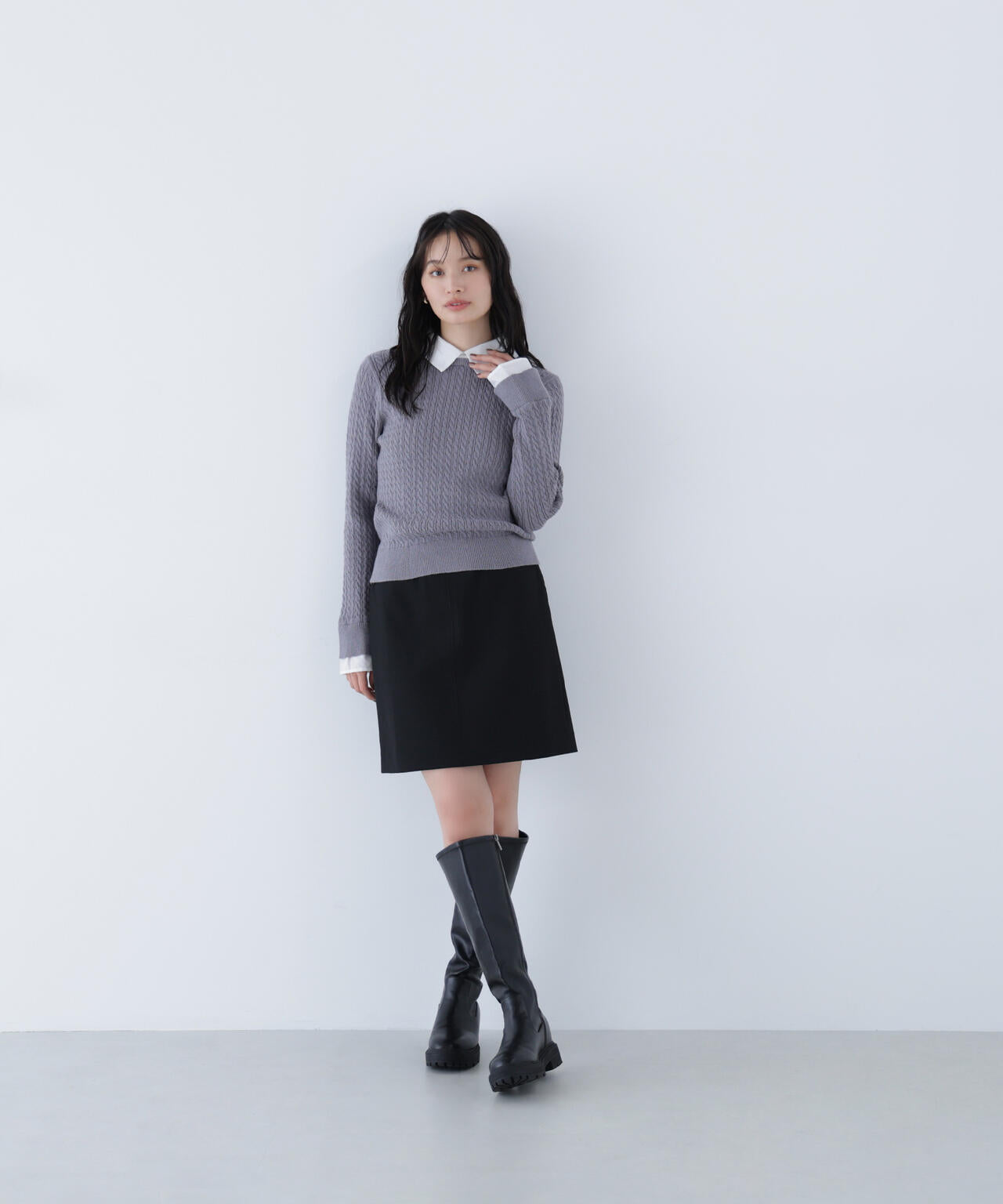 シャツカラードッキングケーブルニット