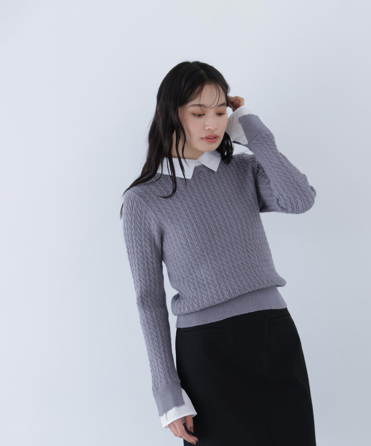 シャツカラードッキングケーブルニット