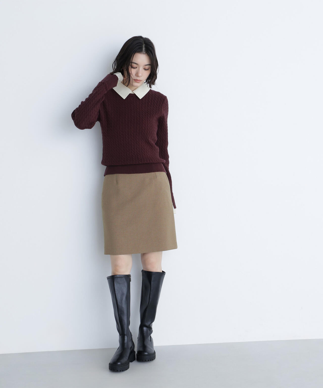 シャツカラードッキングケーブルニット