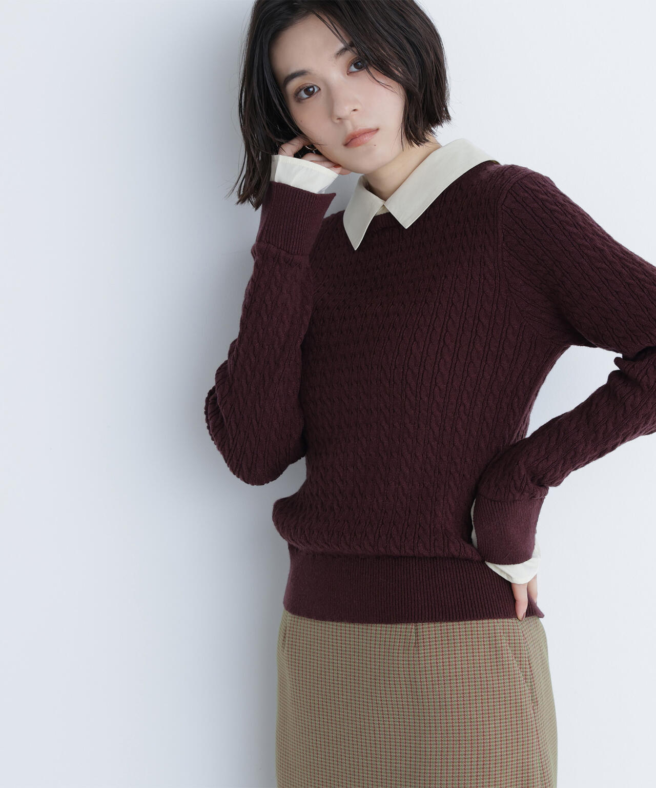 シャツカラードッキングケーブルニット