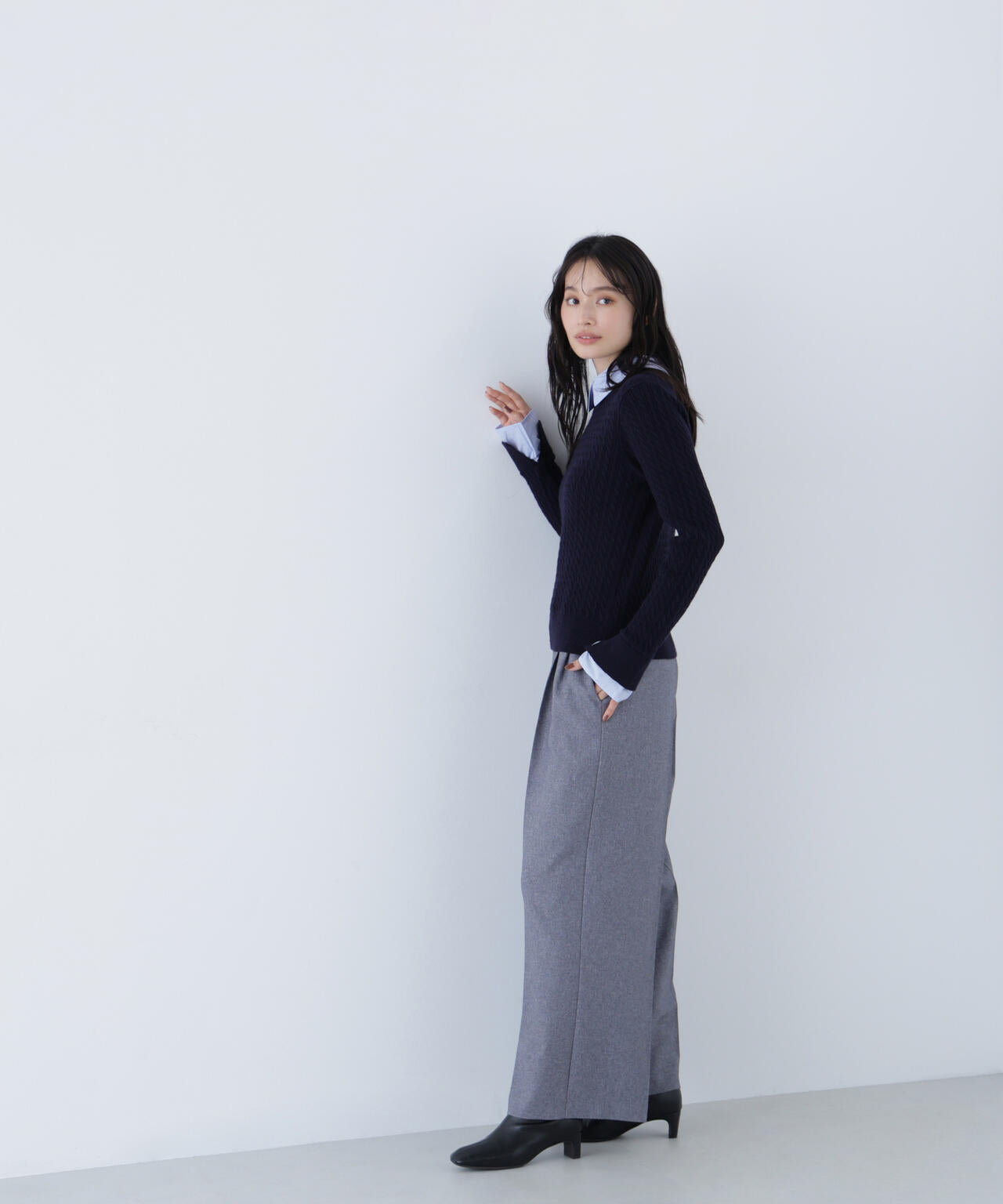 シャツカラードッキングケーブルニット