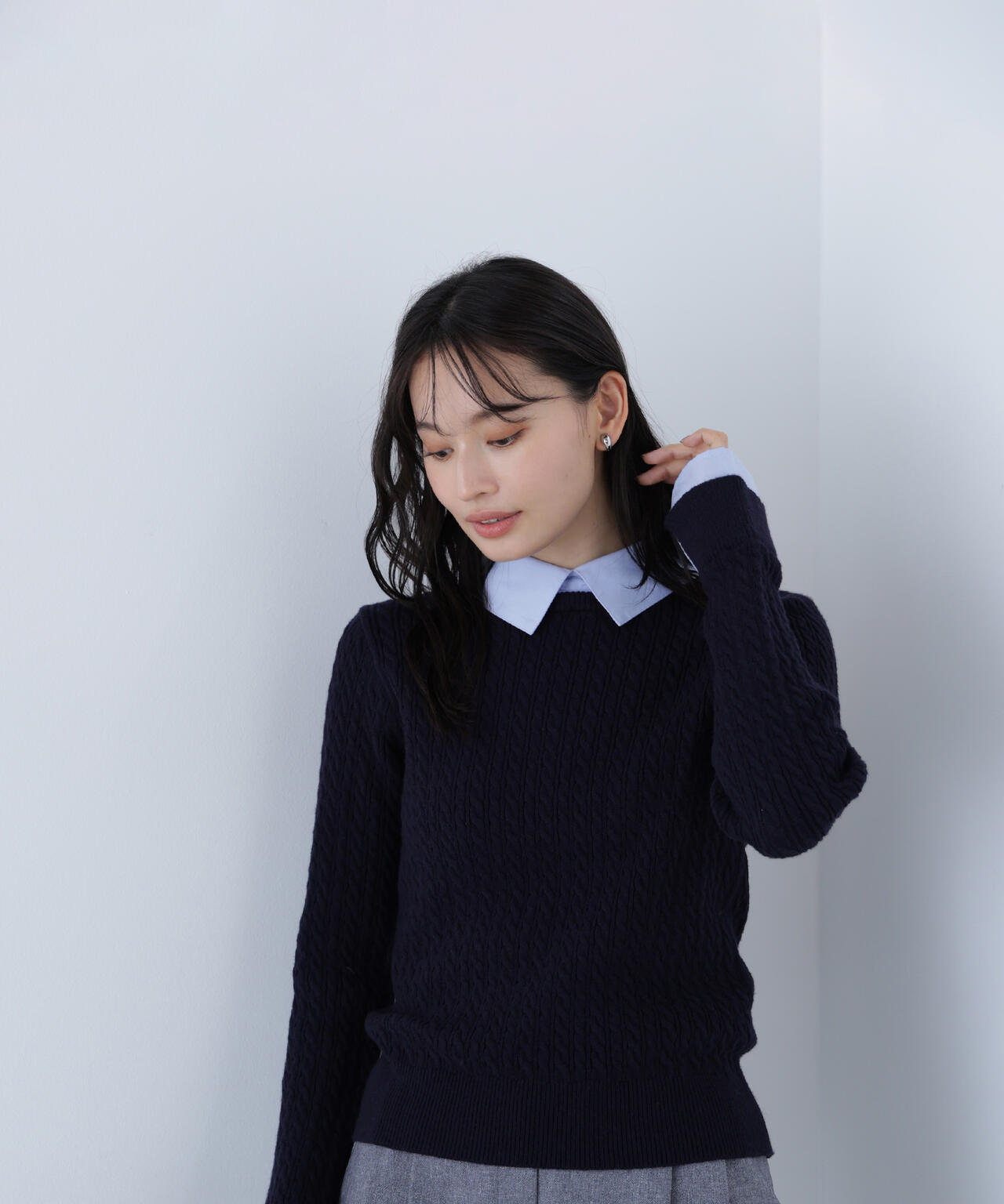 シャツカラードッキングケーブルニット