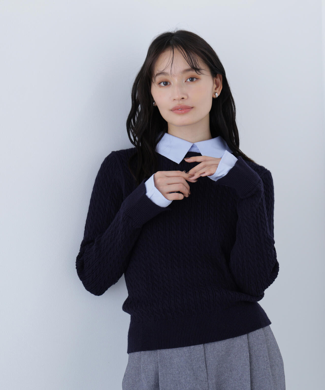 シャツカラードッキングケーブルニット