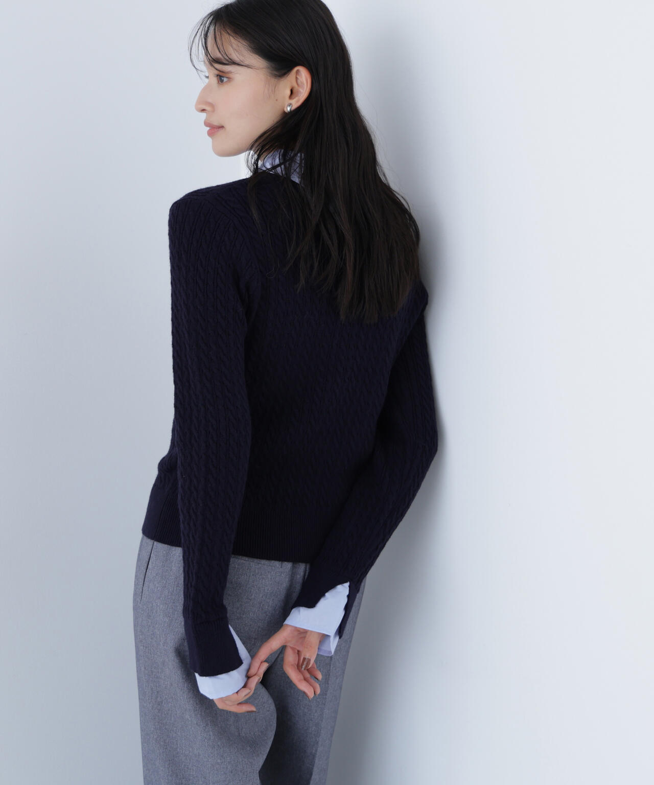 シャツカラードッキングケーブルニット