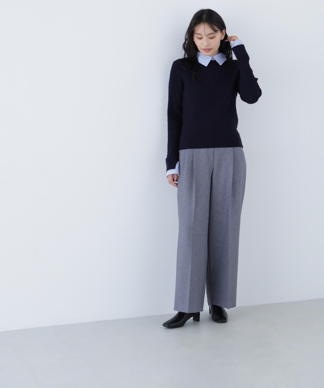 シャツカラードッキングケーブルニット