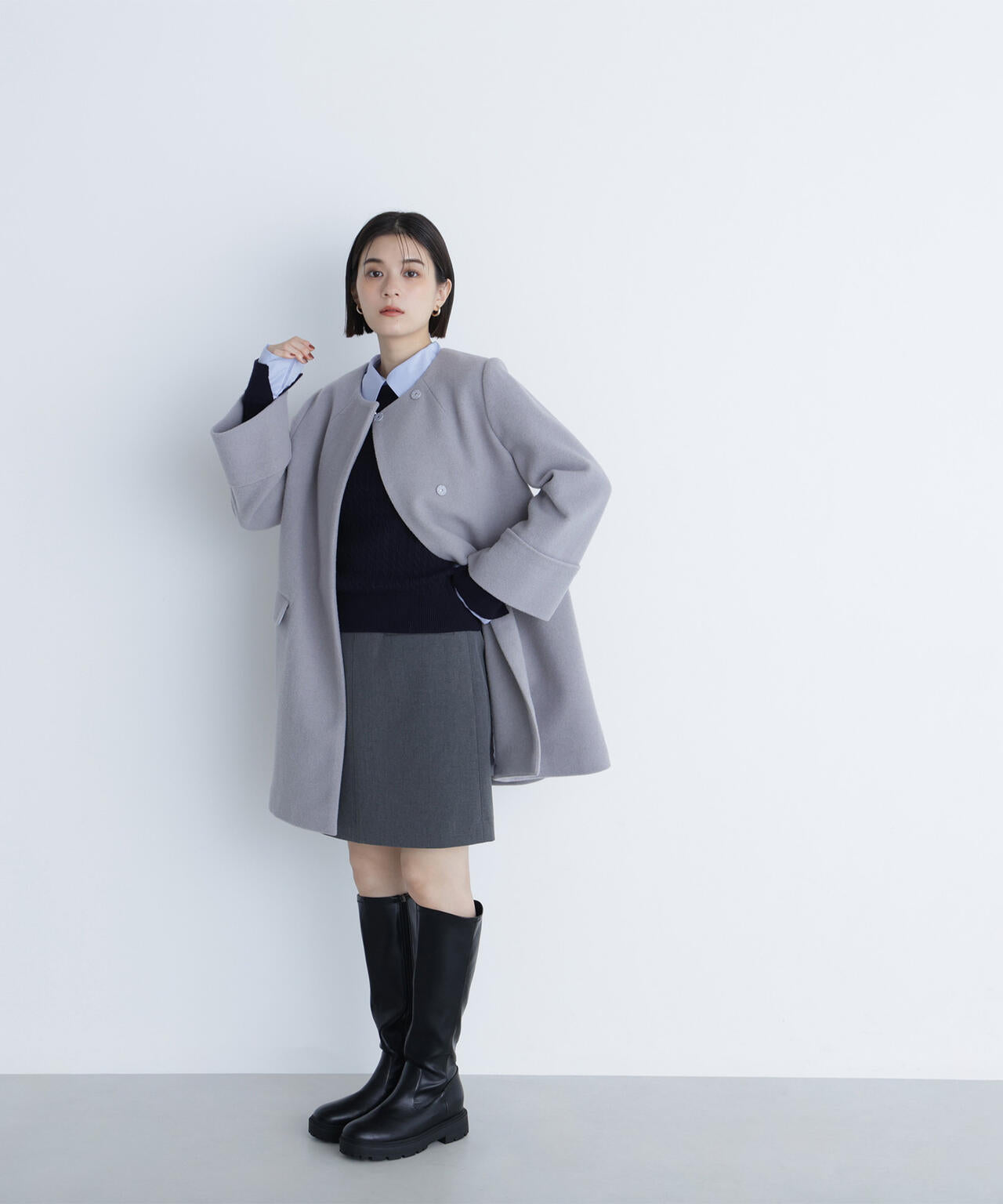 シャツカラードッキングケーブルニット