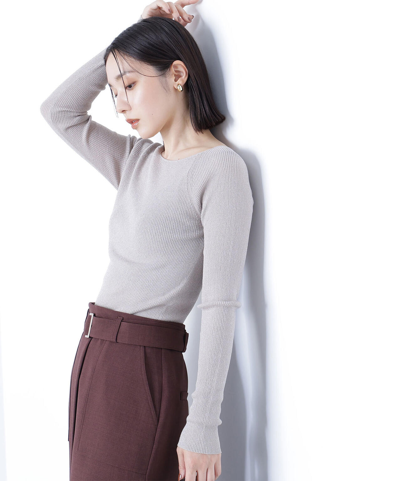 ラメリブボートネックニット