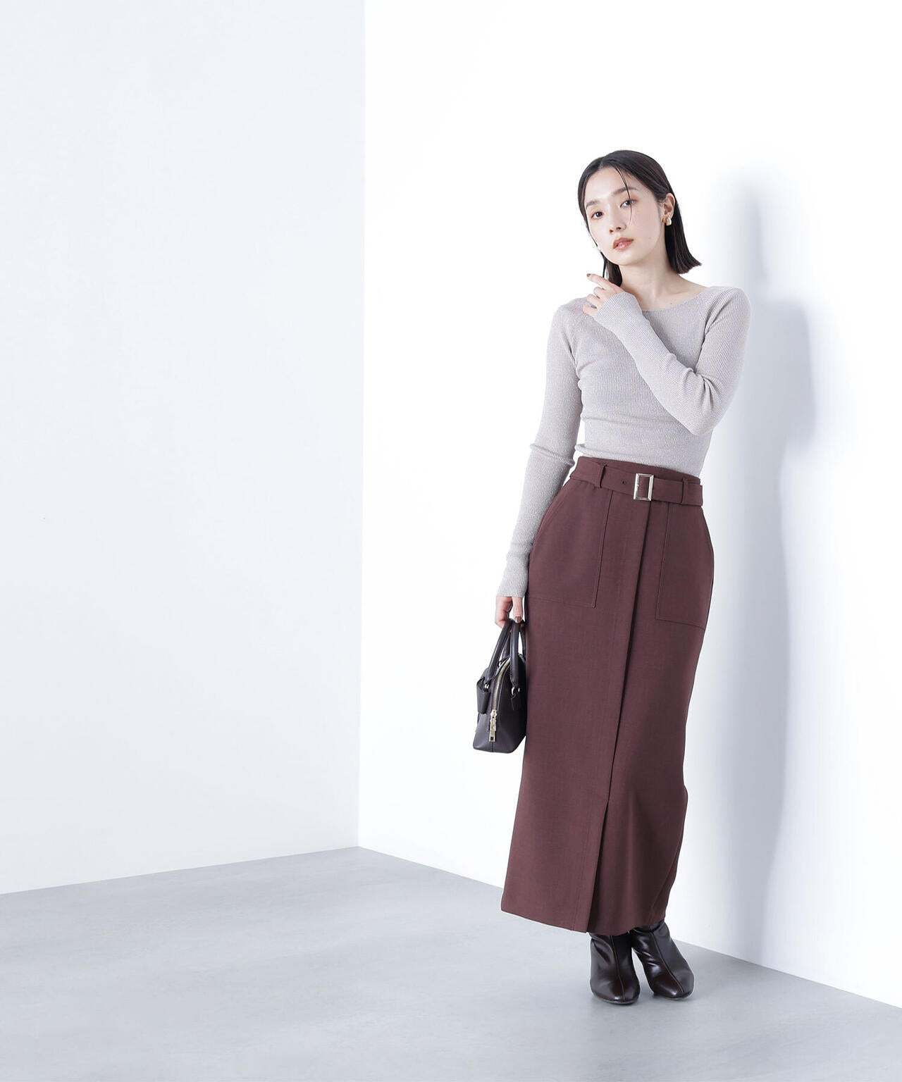 ラメリブボートネックニット