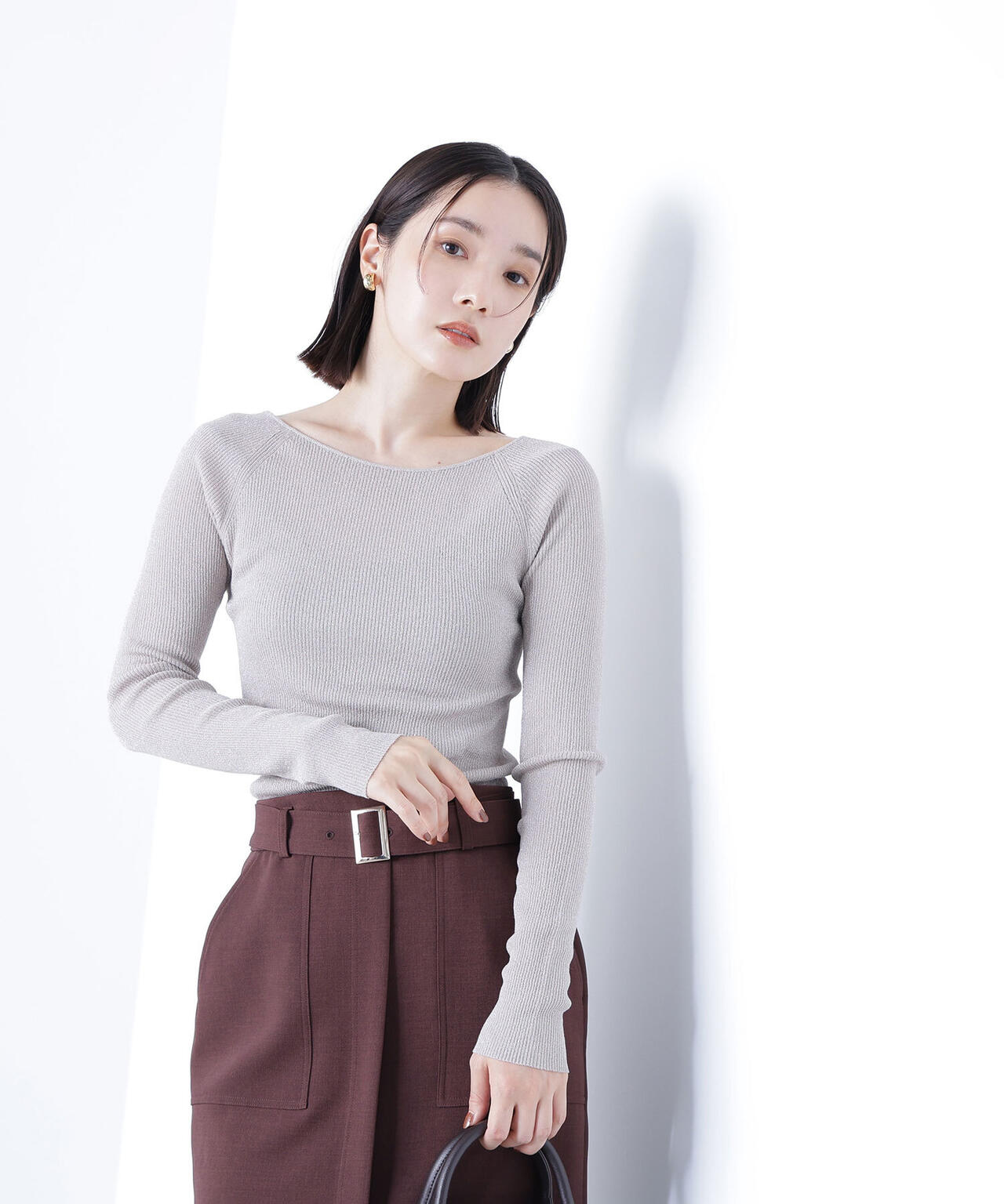 ラメリブボートネックニット