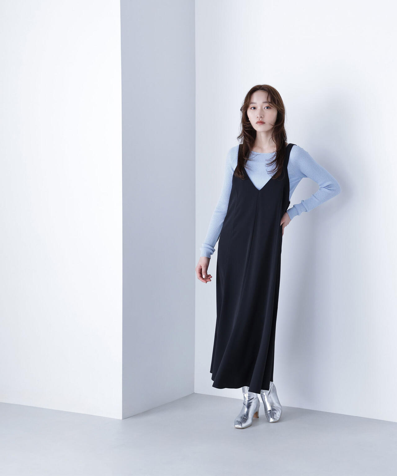 ラメリブボートネックニット