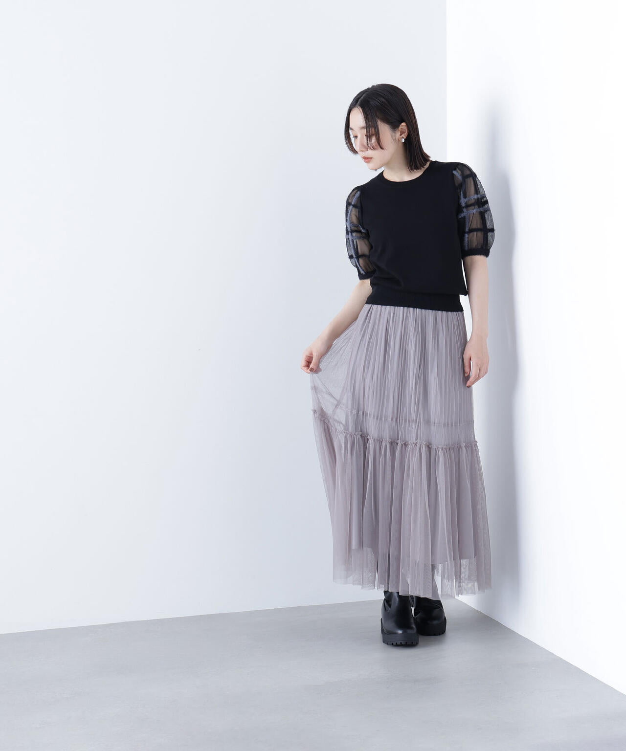 シアーチェックスリーブニット