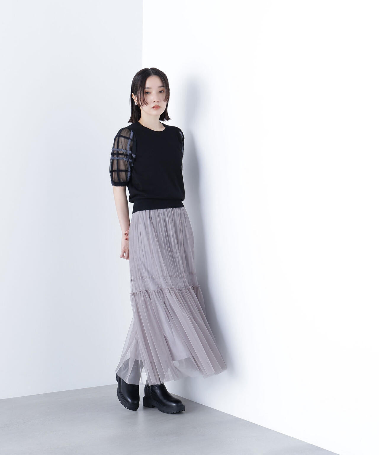 シアーチェックスリーブニット