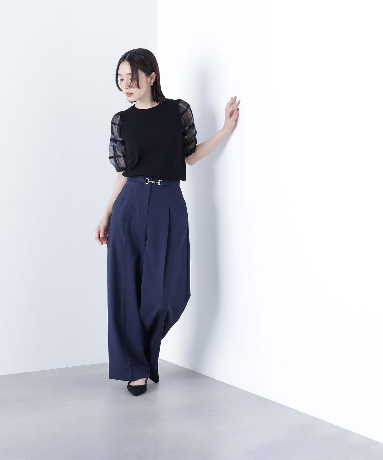 シアーチェックスリーブニット