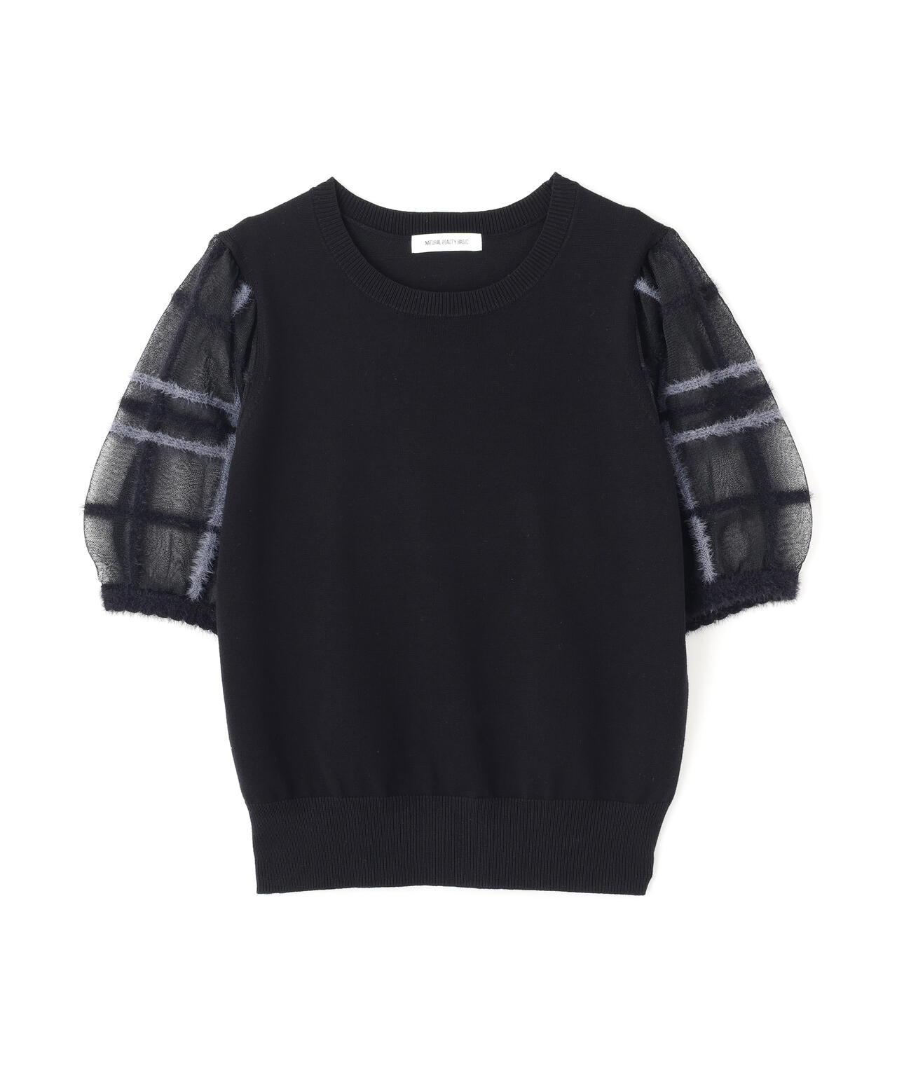 シアーチェックスリーブニット