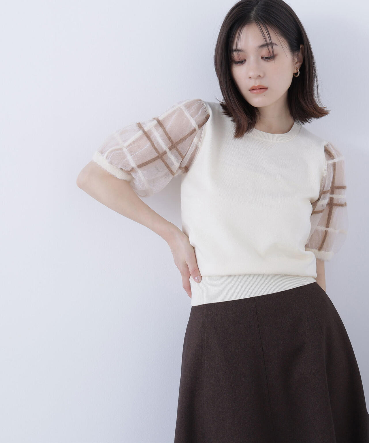 シアーチェックスリーブニット