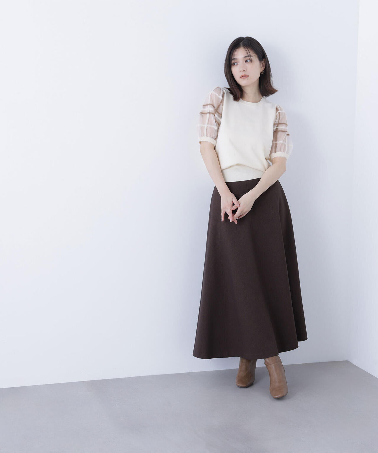 シアーチェックスリーブニット